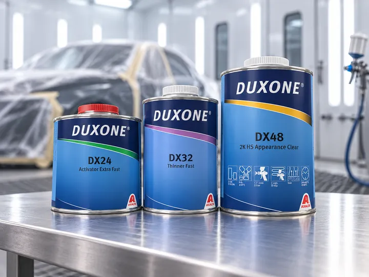 Boya kabininde paslanmaz tezgâhta duran üç Duxone kutusu: DX24 aktivatör, DX32 tiner ve DX48 2K HS vernik