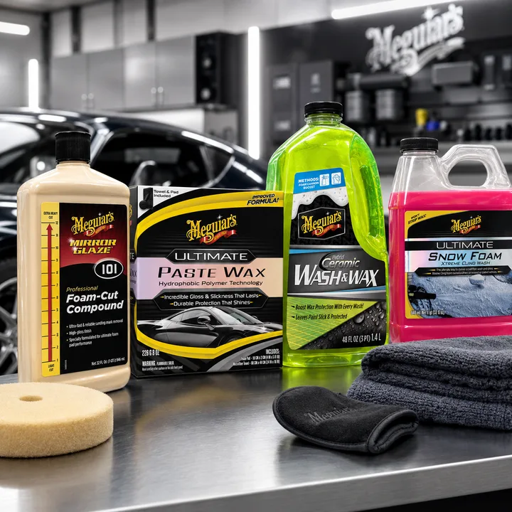 Meguiar's pasta, cila, şampuan ve kar köpüğü ürünleri; önde sünger ped ve mikrofiber bezler