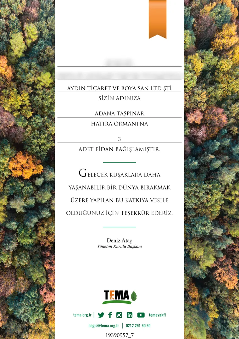 TEMA Foundation sapling donation certificate; the name of the donating company is blurred out